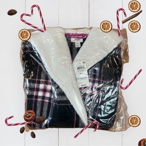 Jenni Intimates Hooded Sherpa Robe M/L Holiday Scotch Plaid NEW Blk/Pink/White